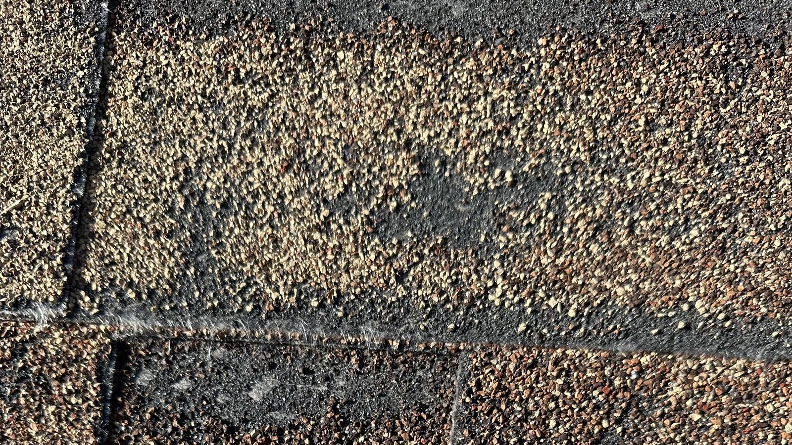 Close-up of weathered asphalt shingles with granule loss, the kind of wear a careful inspection documents