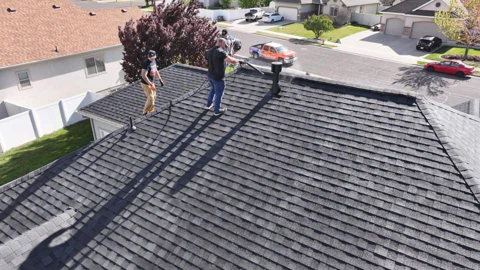 Two technicians treating a dark shingle roof in a residential neighborhood. The NuRoof Guys.