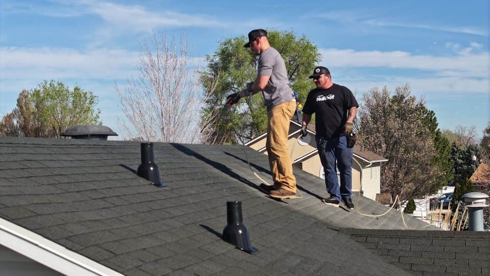 Two technicians on a gray asphalt shingle roof, one applying GoNano restoration treatment from a hose, with spring trees behind.