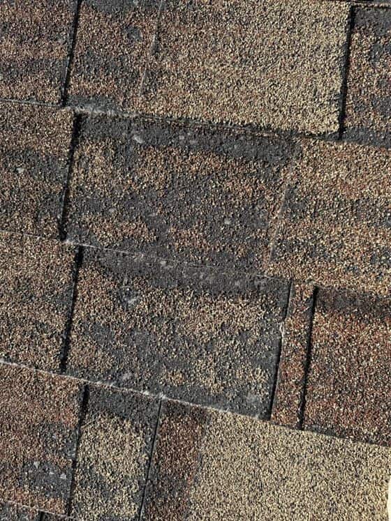 Close-up of asphalt shingles with missing granules along the edges.